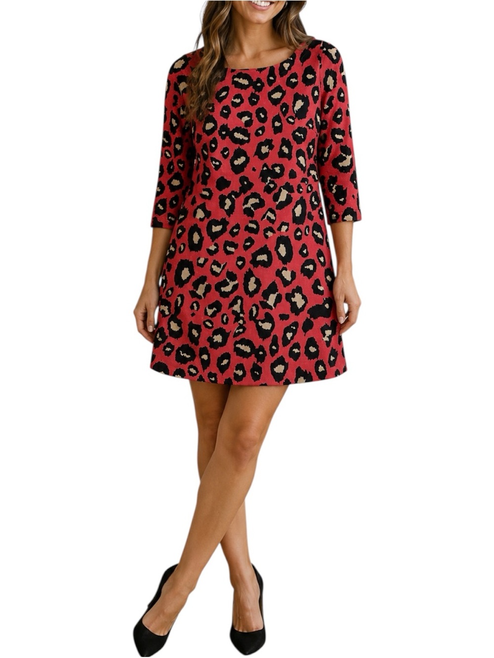 Uncle Frank Red Black Brown Leopard Print Shift Dress 3/4 Sleeve Knit Size XS